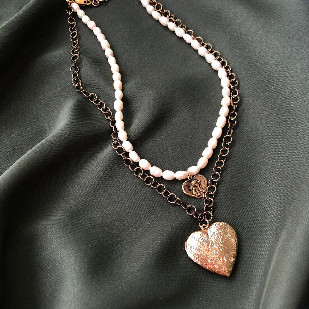 Колье - Teatrium - 2-х яр.,сердце,натур.жемчуг,дл.42см