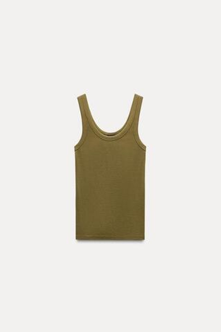 ZARA ФУТБОЛКА ИЗ МЕРСЕРИЗИРОВАННОЙ ТКАНИ В РУБЧИК, ОЛИВКОВЫЙ