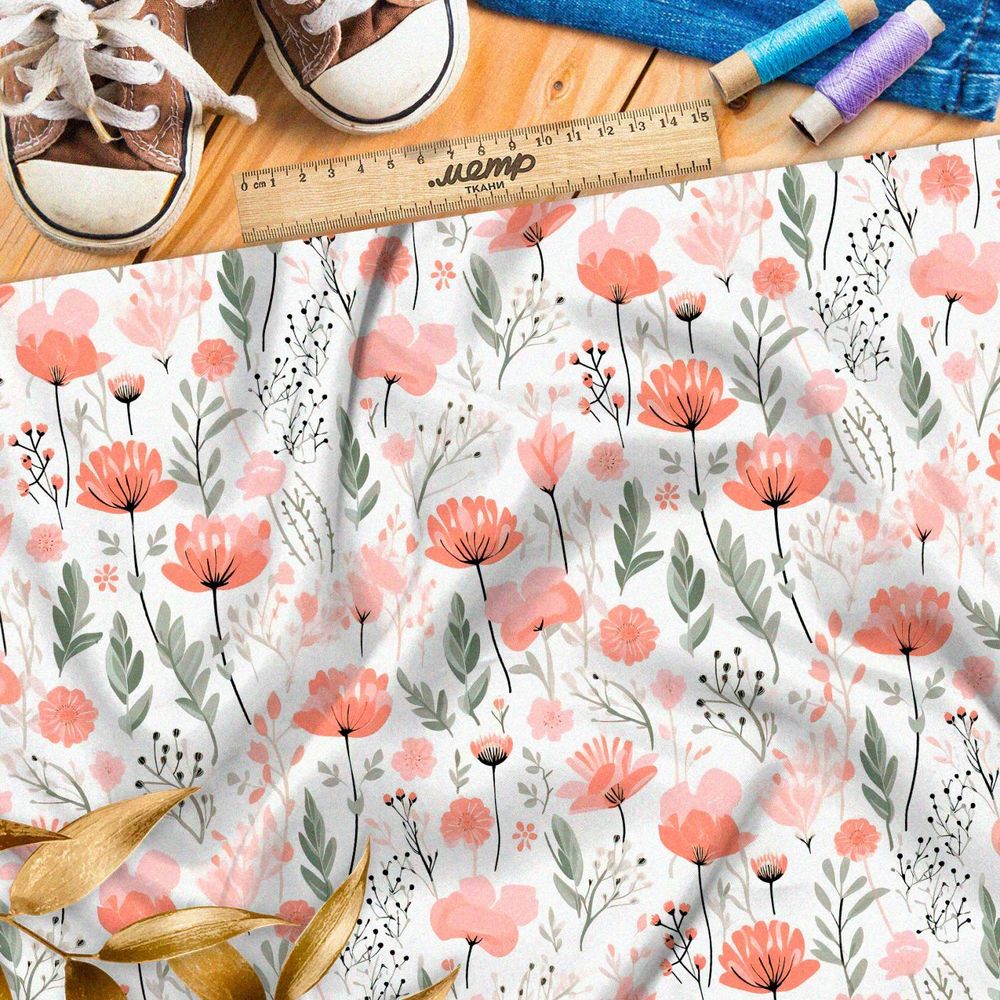 Ткань премиум таффета красные полевые цветочки