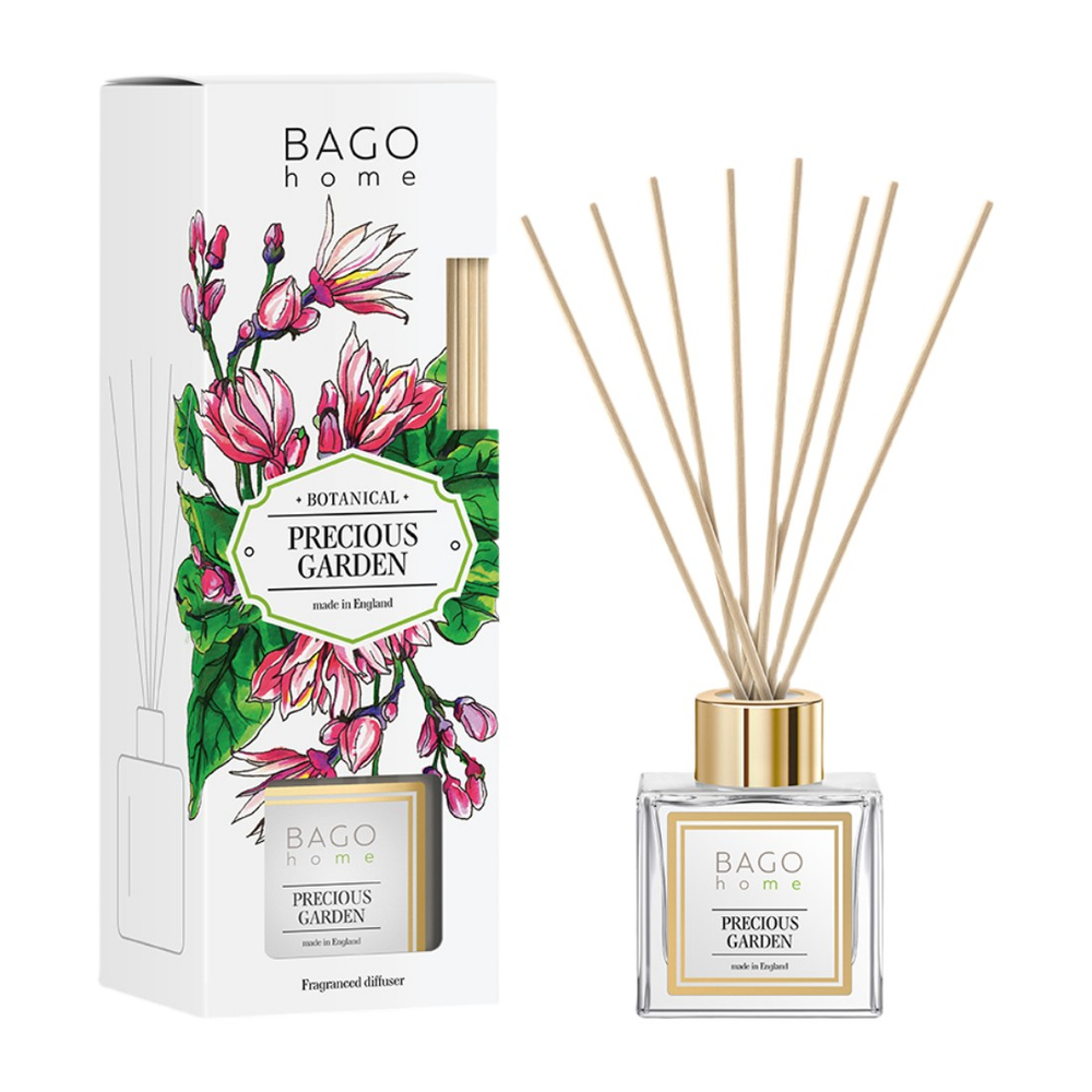 Ароматический диффузор БАГО ХОМ Заповедный Сад 100 мл — стильный стеклянный флакон с палочками, аналог премиальной парфюмерии для интерьера.