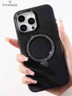 Чехол PYNANA для iPhone 15 PRO MAX кожа, австрийский хрусталь, полуночно-черный