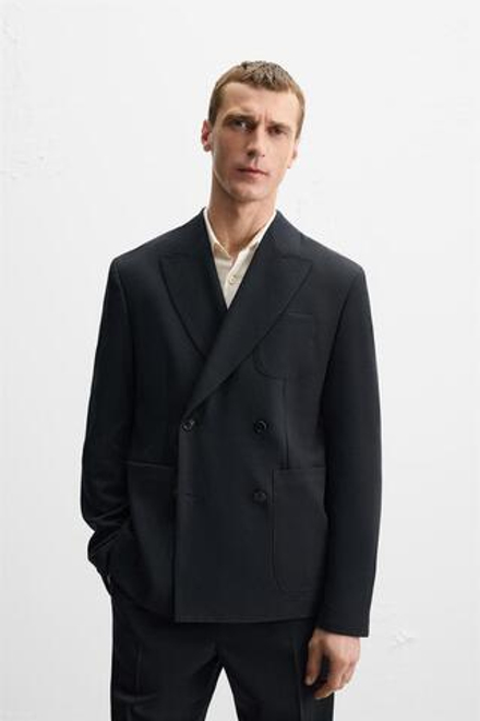 ZARA ДВУБОРТНЫЙ ПИДЖАК ИЗ 100% ШЕРСТИ, МОРСКОЙ ТЕМНО-СИНИЙ