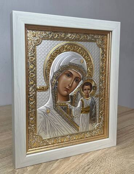 Казанская БМ, икона прямоугольная в рамке под стеклом, белое дерево 206х258