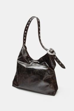 ZARA СУМКА-ШОПЕР С ЗАКЛЕПКАМИ, ШОКОЛАДНЫЙ