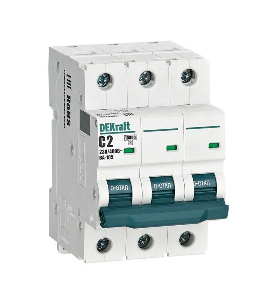 Выключатель автоматический модульный 3п C 2А 10кА ВА-105 DEKraft 13173DEK Выключатель автоматический модульный 3п C 2А 10кА ВА-105 DEKraft 13173DEK