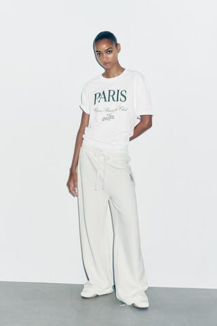 ZARA ФУТБОЛКА С ВЫШИВКОЙ "PARIS", БЕЛЫЙ