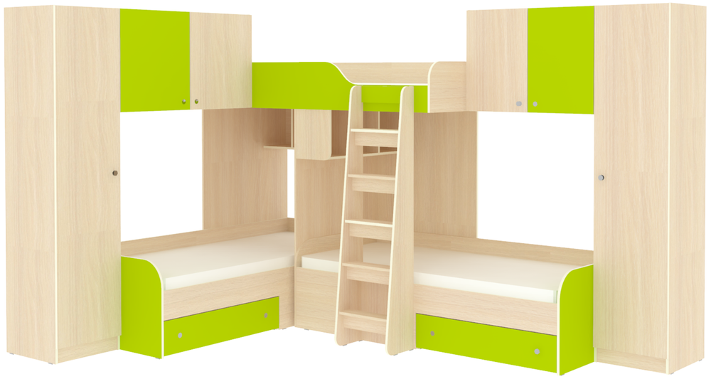 Трехместная кровать КарИВи Трио 3  Дуб Молочный Лайм