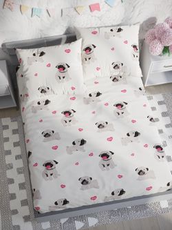 Постельное белье Полисатин Мечта "Мопсики" 2-спальное Наволочка 50х70 см 2 шт Простынь на резинке 160x200 см Пододеяльник 175x215 см