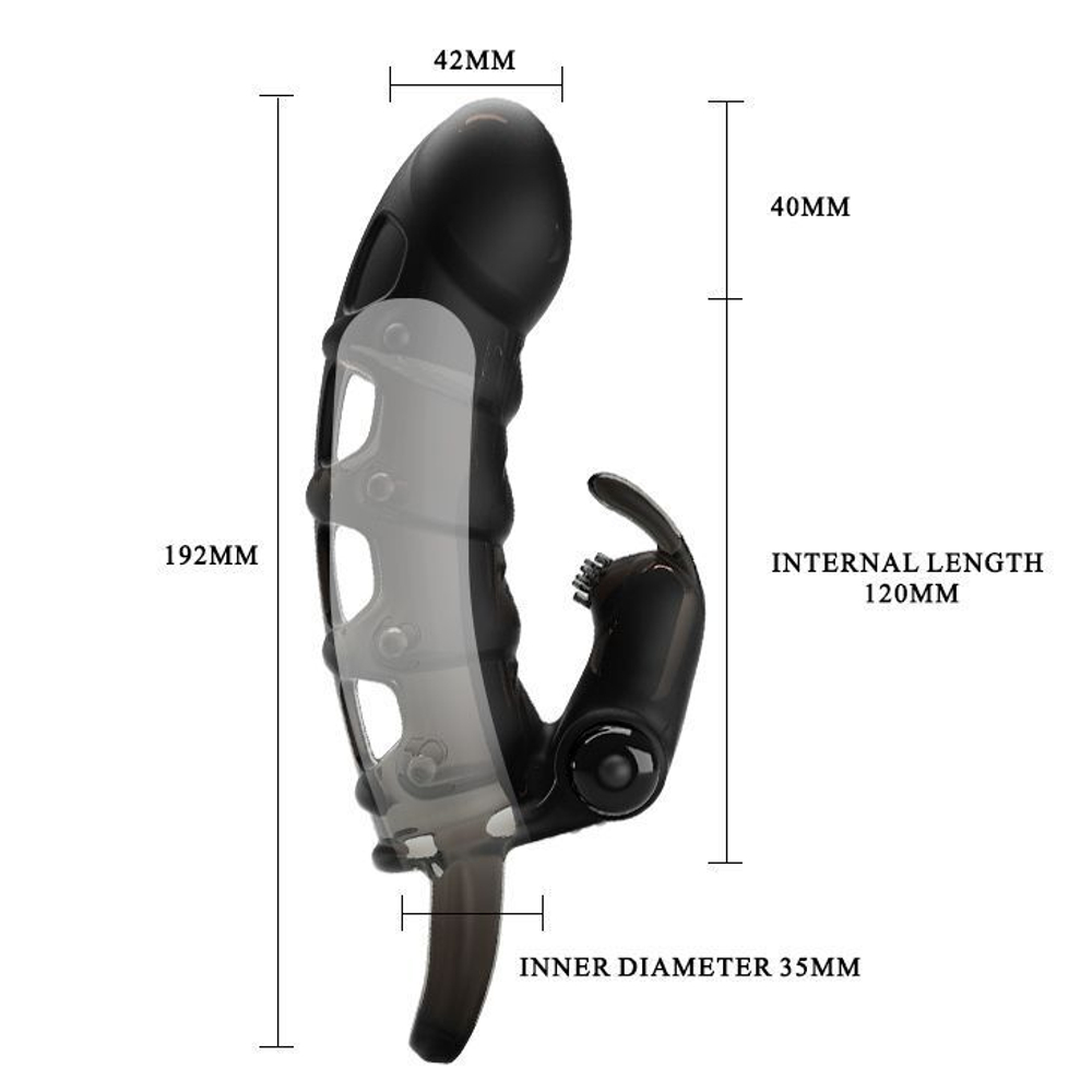 Черная закрытая насадка с подхватом мошонки и стимулятором клитора - 19,2 см