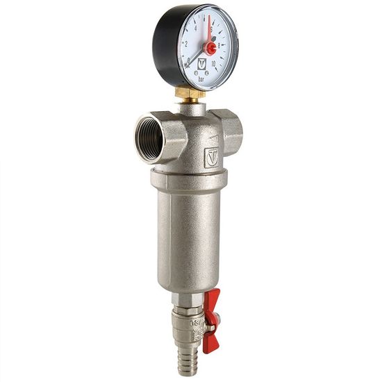 Фильтр промывной Valtec 1/2" 1000/250 мкм с манометром арт. VT.389.N.04