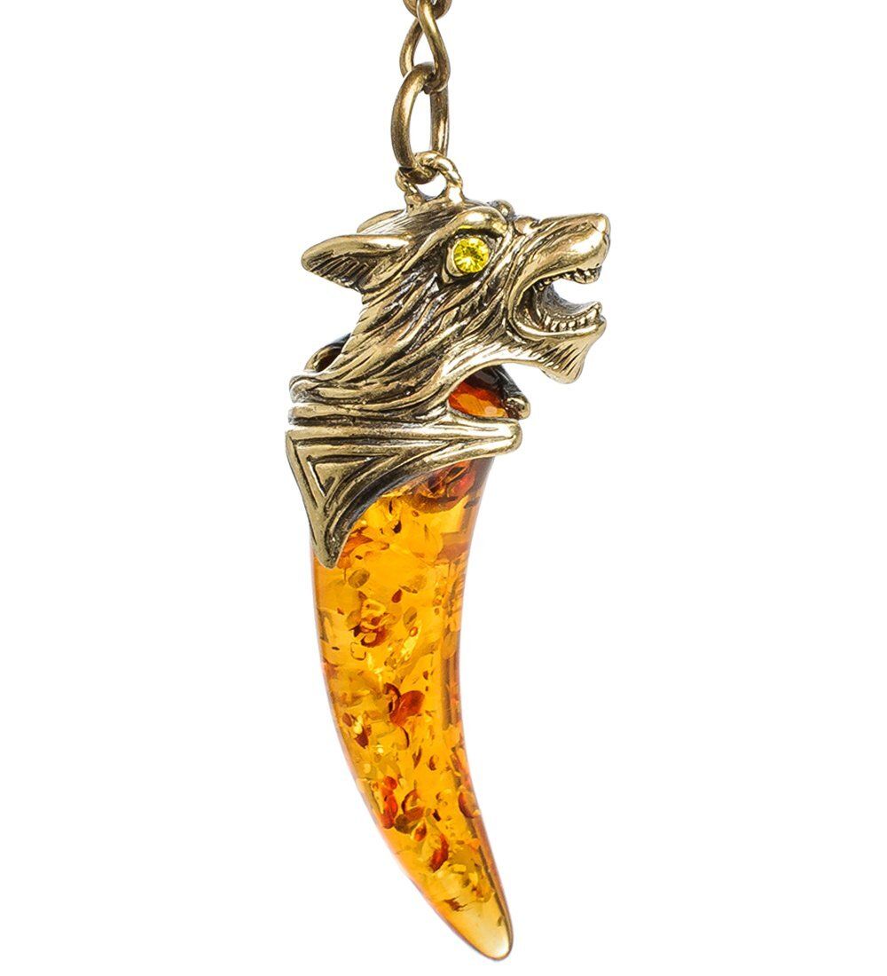 AM-1722 Брелок «Клык волка» (латунь, янтарь)