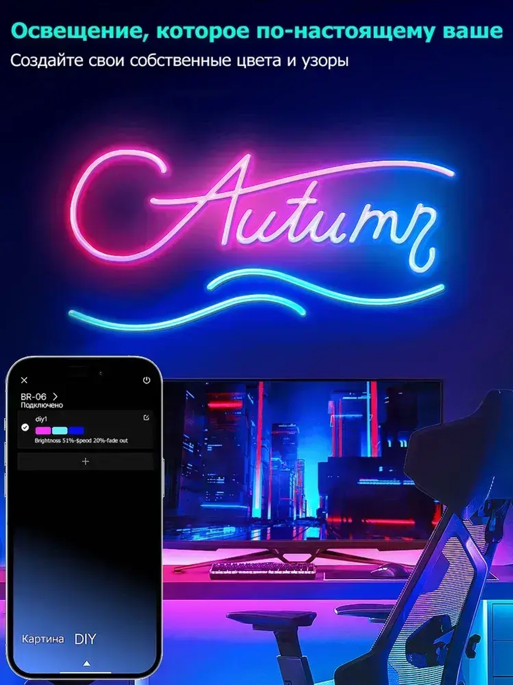 Светодиодная лента 20м, Гибкий разноцветный неон,подсветка для интерьера