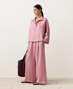 Oysho Рубашка-поло оверсайз с длинными рукавами из 100%-го льна, светло-розовый