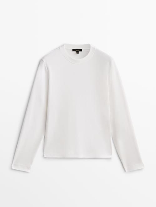 Massimo Dutti Футболка из хлопка с длинными рукавами, НАТУРАЛЬНЫЙ, КРЕМОВЫЙ