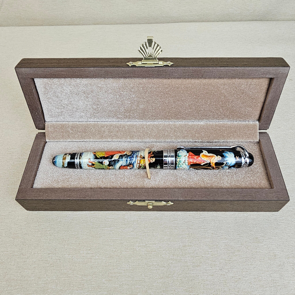 Ручка коллекционная  с ручной росписью Палех "Зимние забавы" в футляре