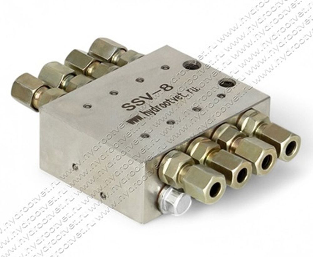 SSV8 - Питатель для прогрессивных систем смазки с рабочим давлением 300 бар, количество выходов 8, максимальная доза 0,2 мл/цикл, без реле