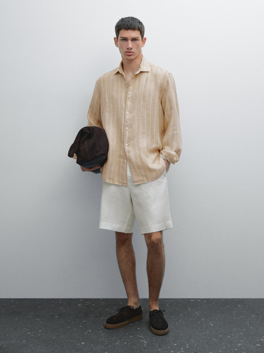 Massimo Dutti Рубашка прямого кроя в двойную полоску, светло-бежевый