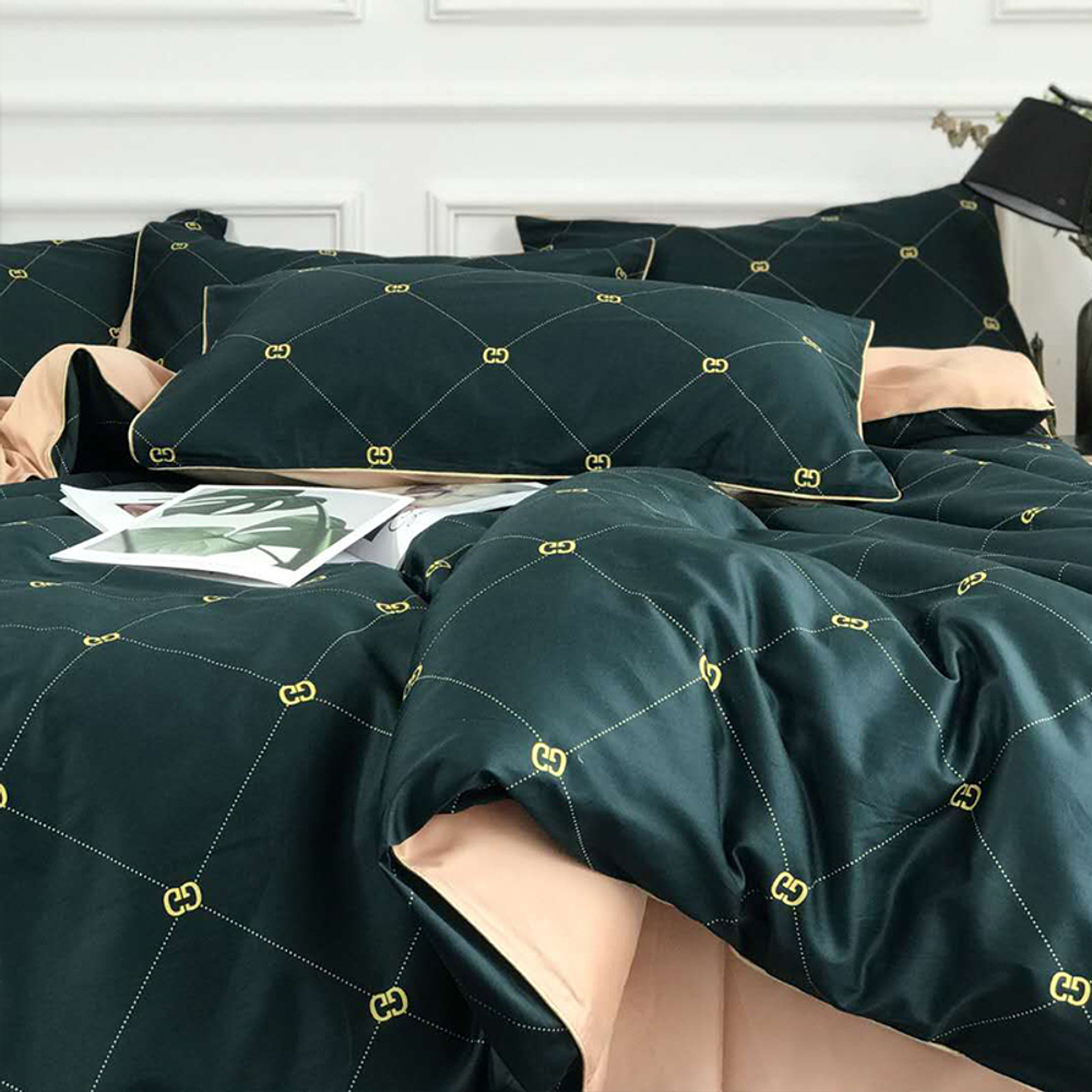 Постельное белье ЕВРО (двуспалка) Египетский Хлопок Зеленый на персиковом