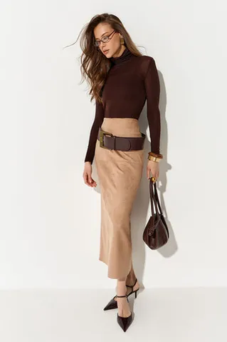 Юбка карандаш из экозамши цвета кэмел