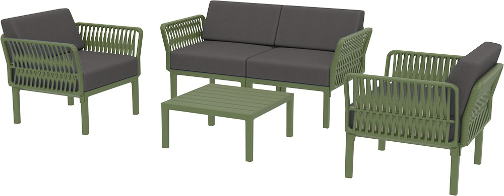 Диван пластиковый двухместный с подушками Siesta Contract Portofino Lounge, зеленый, темно-серый