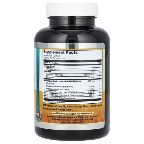 Amazing Nutrition, Жир печени норвежской трески, свежий апельсин, 1250 мг, 120 мягких таблеток