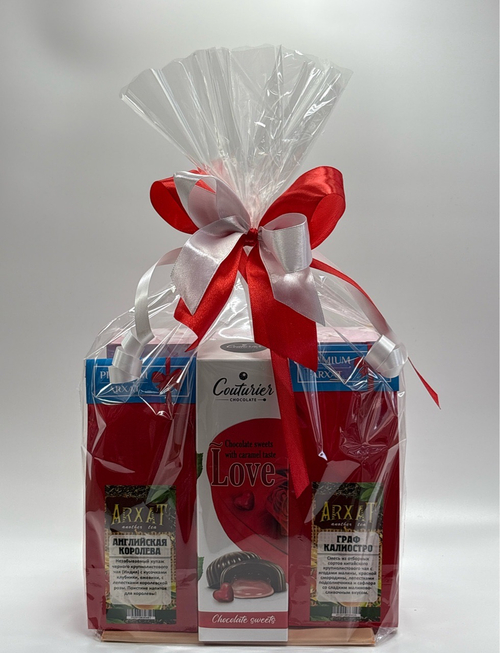 Подарочный набор 100326 арт! набор гель для душа+крем для тела\конфеты малина со сливками\чай архат 100гр