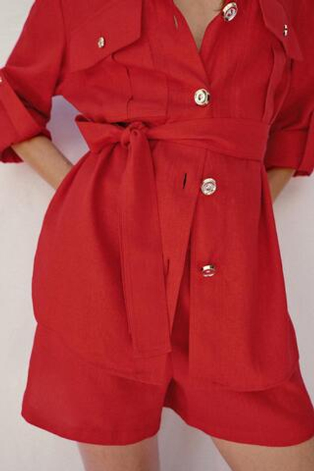 ZARA КУРТКА-САФАРИ ИЗ ЛЬНА С ПОЯСОМ, КРАСНЫЙ