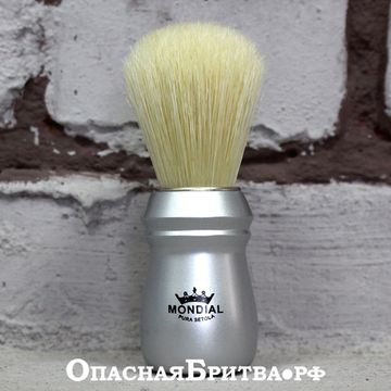Помазок для бритья Mondial, пластик, свиной ворс, рукоять - матовый серебристый цвет