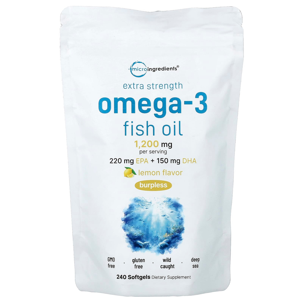 Micro Ingredients, рыбий жир с омега-3, лимон, 240 капсул (600 мг в 1 капсуле)