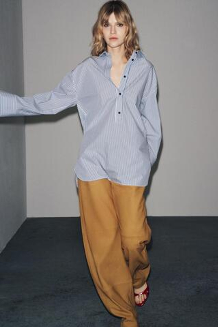 ZARA ПОПЛИНОВАЯ РУБАШКА В ПОЛОСКУ — ZW COLLECTION, БЕЛЫЙ/МОРСКОЙ СИНИЙ