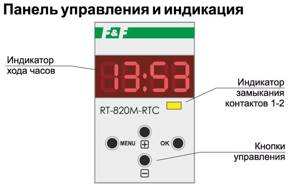 Регулятор температуры RT-820M-RTC 16А 24-264В DC/30-264В AC(работа по недельной и суточной программе; диап. температур от -30 до +140град.С многофункц. цифровая индикация; выносной датчик RT823 в компл.)