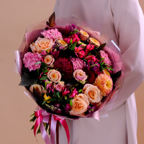 Купить Летний букет #51 с георгинами и пионовидными розами