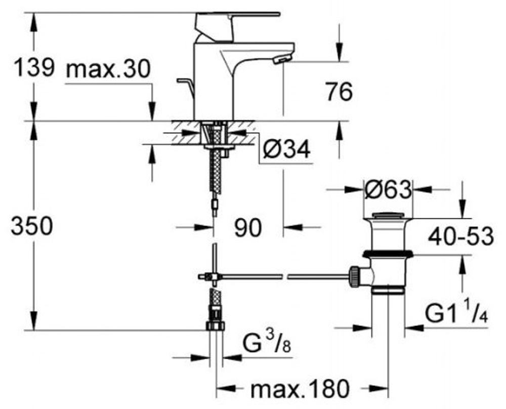Смеситель на раковину однорычажный GROHE Get, хром, донный клапан 32883000