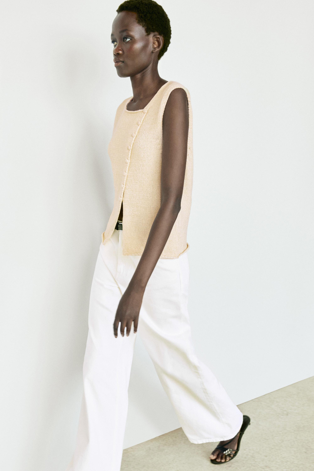 Massimo Dutti Трикотажный топ из смесовой хлопковой ткани с пуговицами, натуральный/кремовый