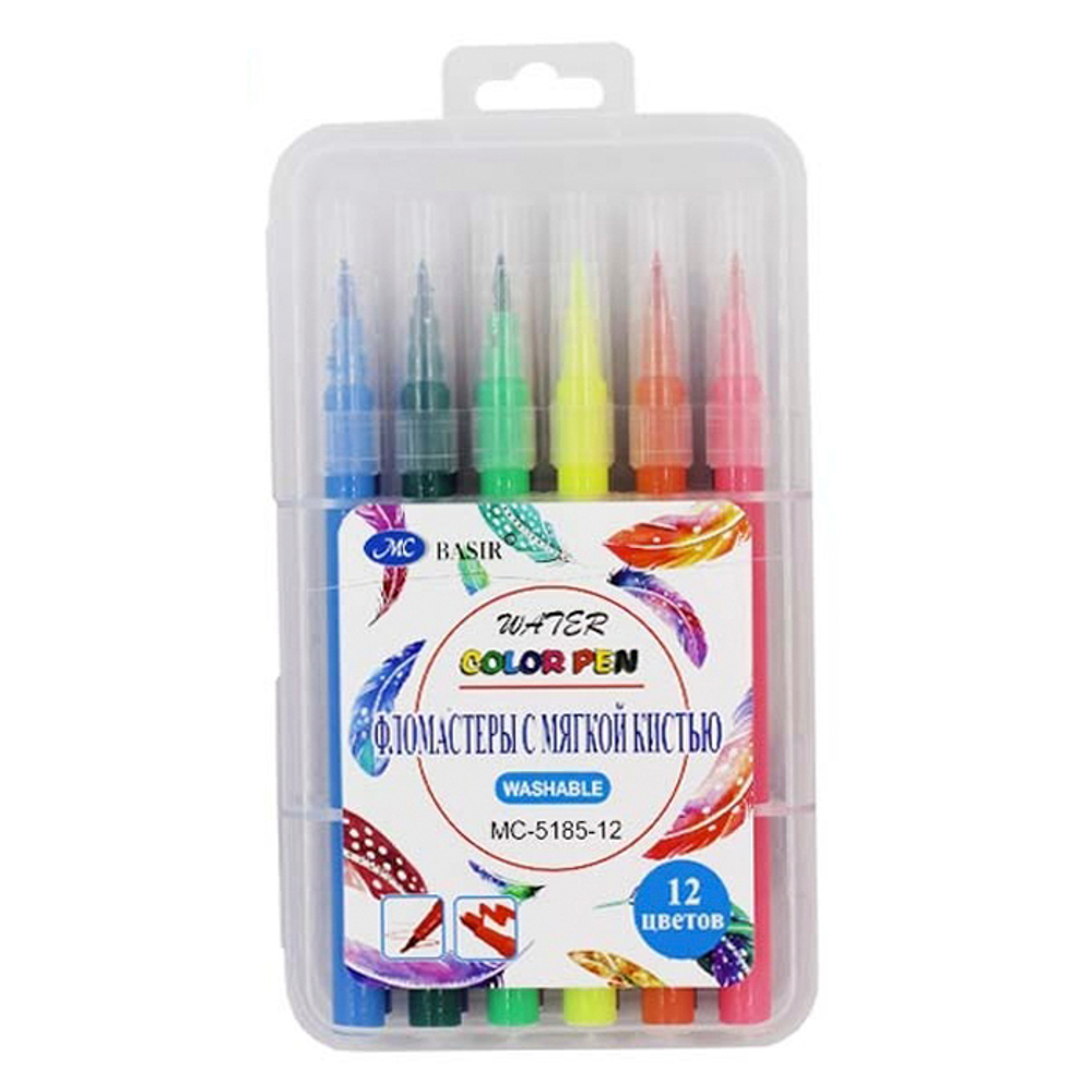 Фломастеры Basir, с мягкой кистью, в боксе, разноцветные, набор 12 шт