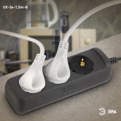 Удлинитель электрический ЭРА UX-3e-1,5m-B с заземлением 3 розетки 1,5 м ПВС 3x0,75мм2 10А черный