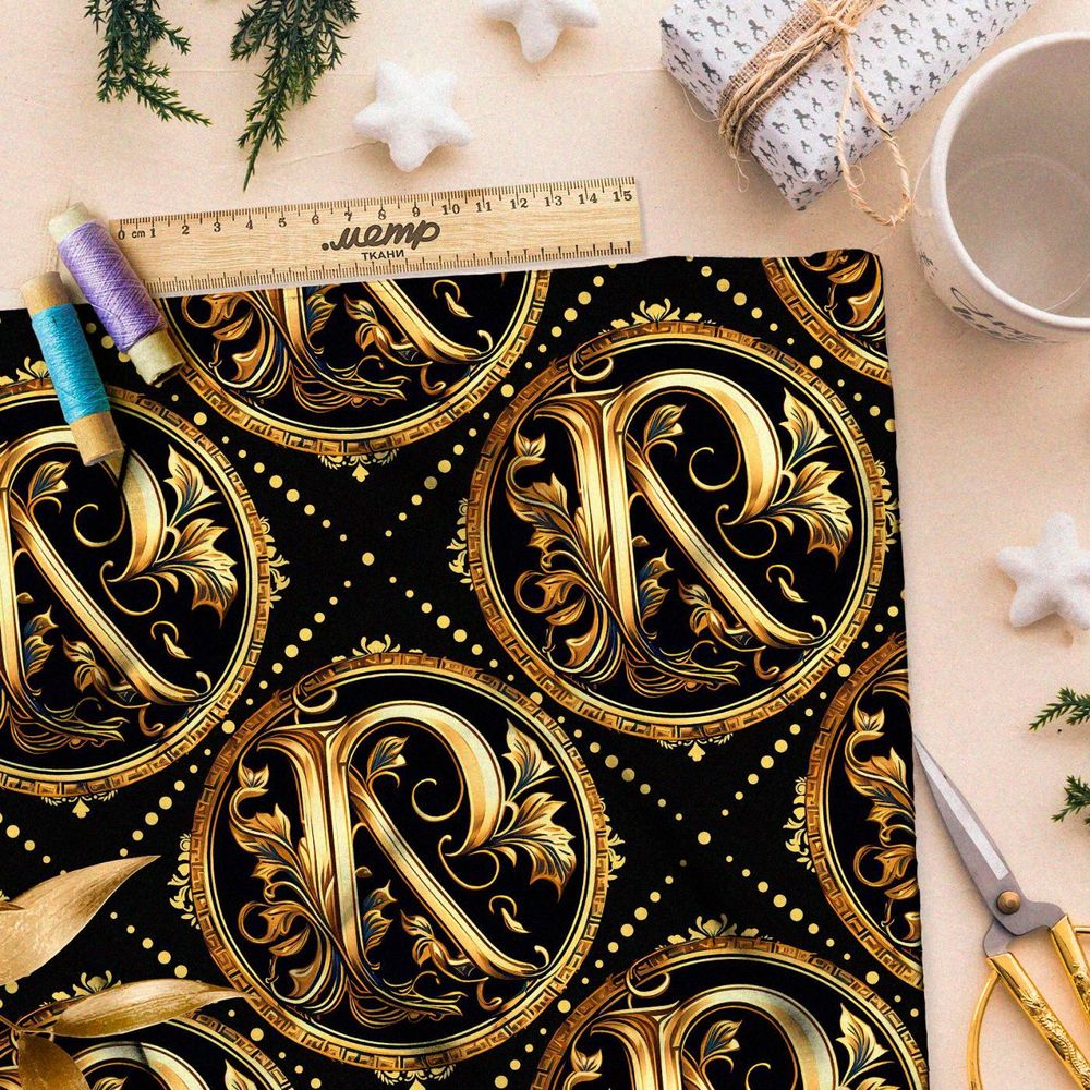 Ткань Барби золотая монограмма на черном