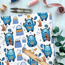 Ткань футер 2-х нитка пушистые олени и зайки у синих сугробов