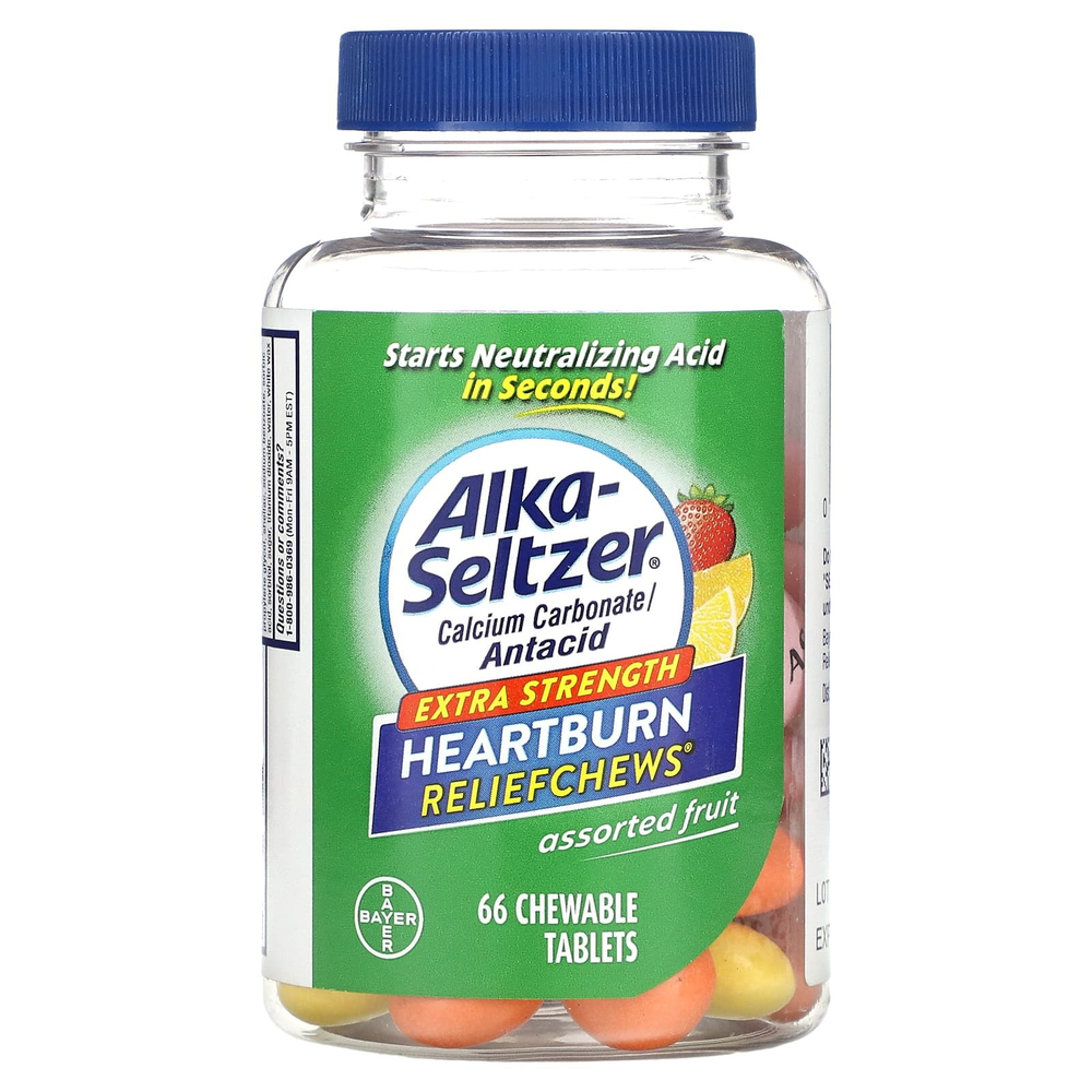 Alka-Seltzer, жевательные таблетки для облегчения изжоги, ассорти фруктов, 66 жевательных таблеток (750 мг в 1 таблетке)