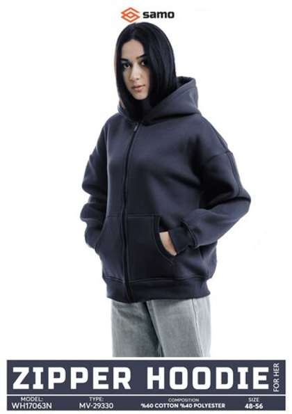 17063 Толстовка женская на молнии с капюшоном футер 3-х нитка начес т.серый (56)