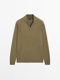 Massimo Dutti Трикотажный свитер поло из 100% шерсти с V-образным вырезом, хаки