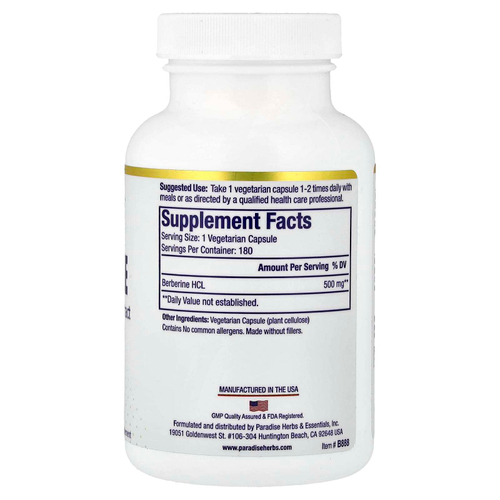 Paradise Herbs, берберин, 500 мг, 180 вегетарианских капсул
