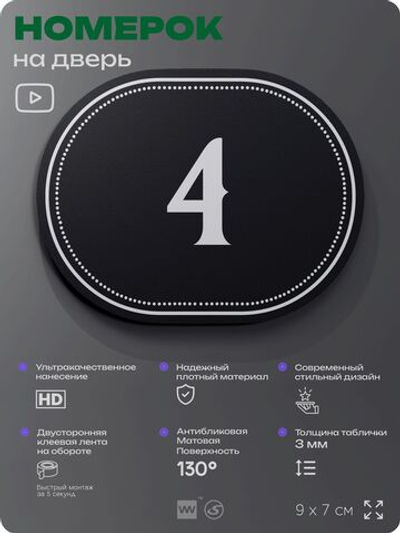 Номерок на дверь квартиры 4, для кабинета, офиса, шильдик 9 х 7 см, черный, Айдентика Технолоджи