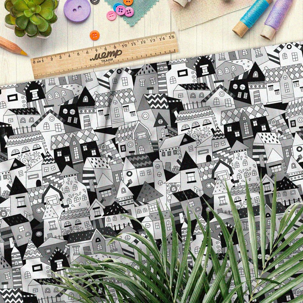 Ткань сатин чёрно-белые резные дома
