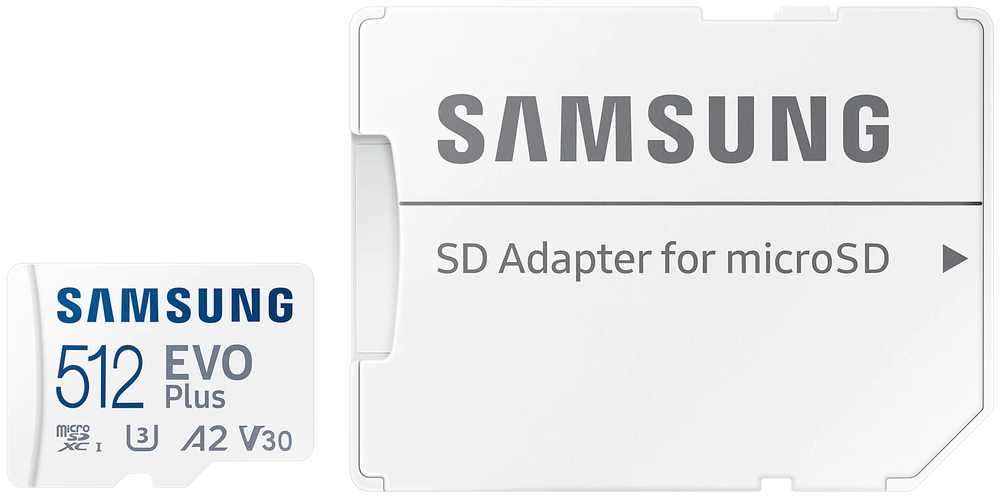 Карта памяти Samsung EVO Plus microSDXC 512 ГБ Class 10, V30, A2, UHS-I U3, R 130 МБ/с, адаптер на SD