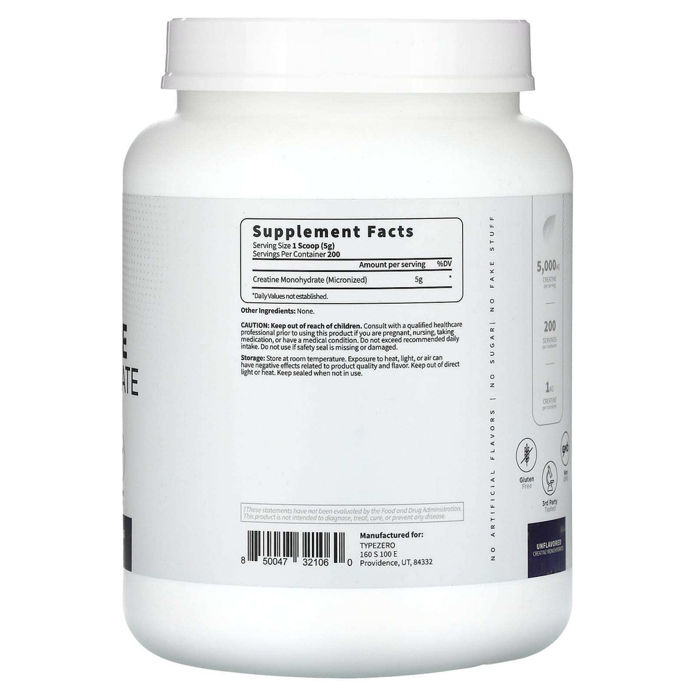 TypeZero, Clean, моногидрат креатина, без добавок, 5000 мг, 1 кг (35 унций)