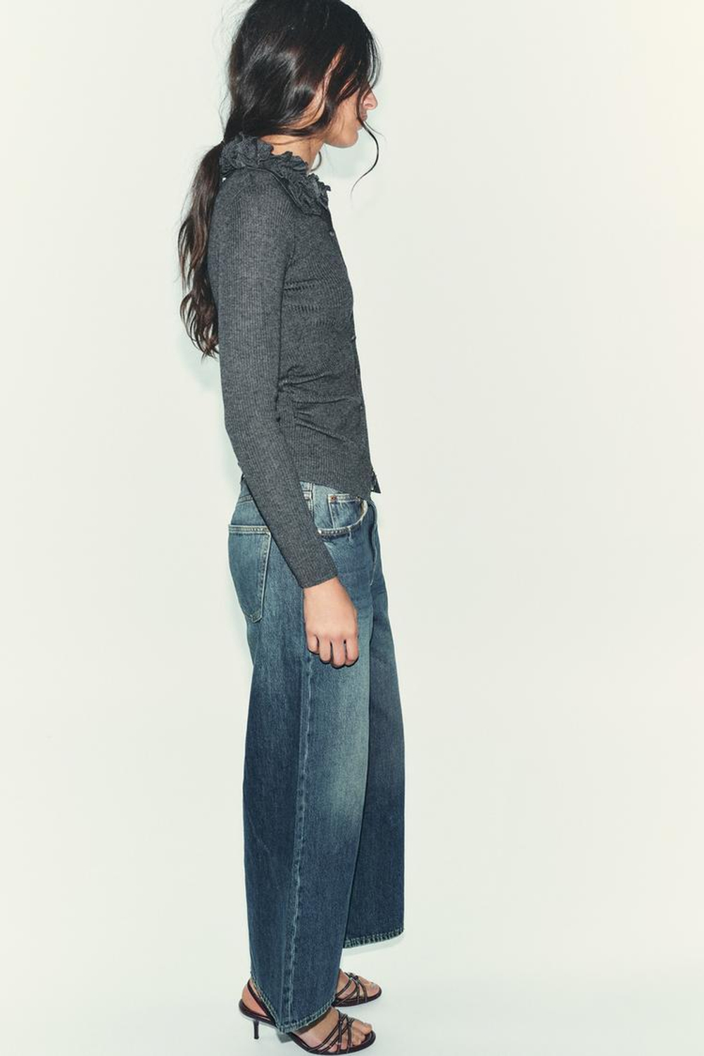 ZARA КАРДИГАН ИЗ ШЕРСТИ С ОБЪЕМНЫМИ ЦВЕТАМИ, АНТРАЦИТОВО-СЕРЫЙ