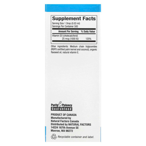Natural Factors, Витамин D3 в каплях, без ароматизаторов, 25 мкг (1000 МЕ), 15 мл (0,5 жидкой унции)