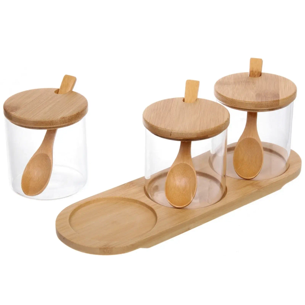 Банка стеклянная для специй 300мл «Хай-Тек» в наборе 3шт на бамбуковой подставке