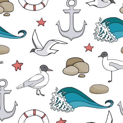 Морской принт с чайками и спасательными кругами